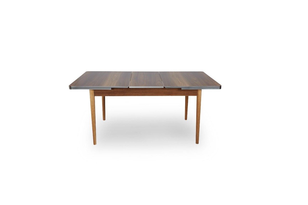 A wooden dining table with a dark tabletop and lighter, tapered legs in a minimalist style.