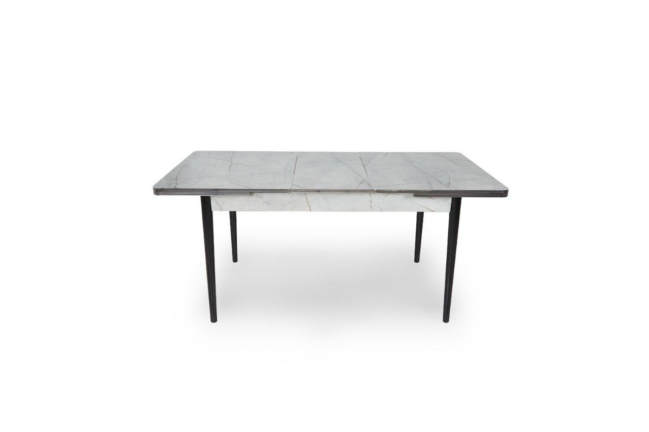 Rectangular dining table with a marbled surface and black legs.