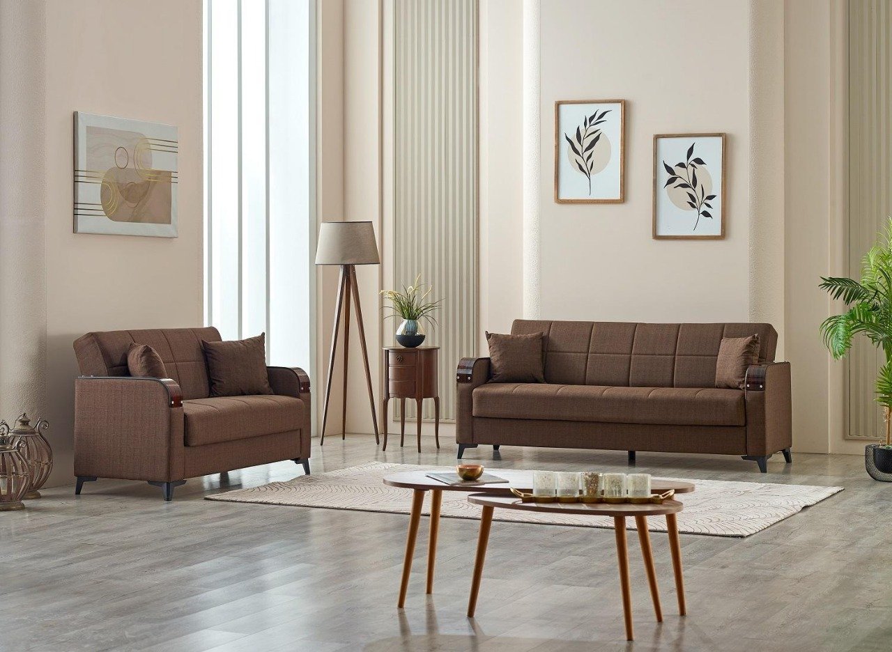 Modern living room with brown sofas, minimalist decor, and framed artwork.